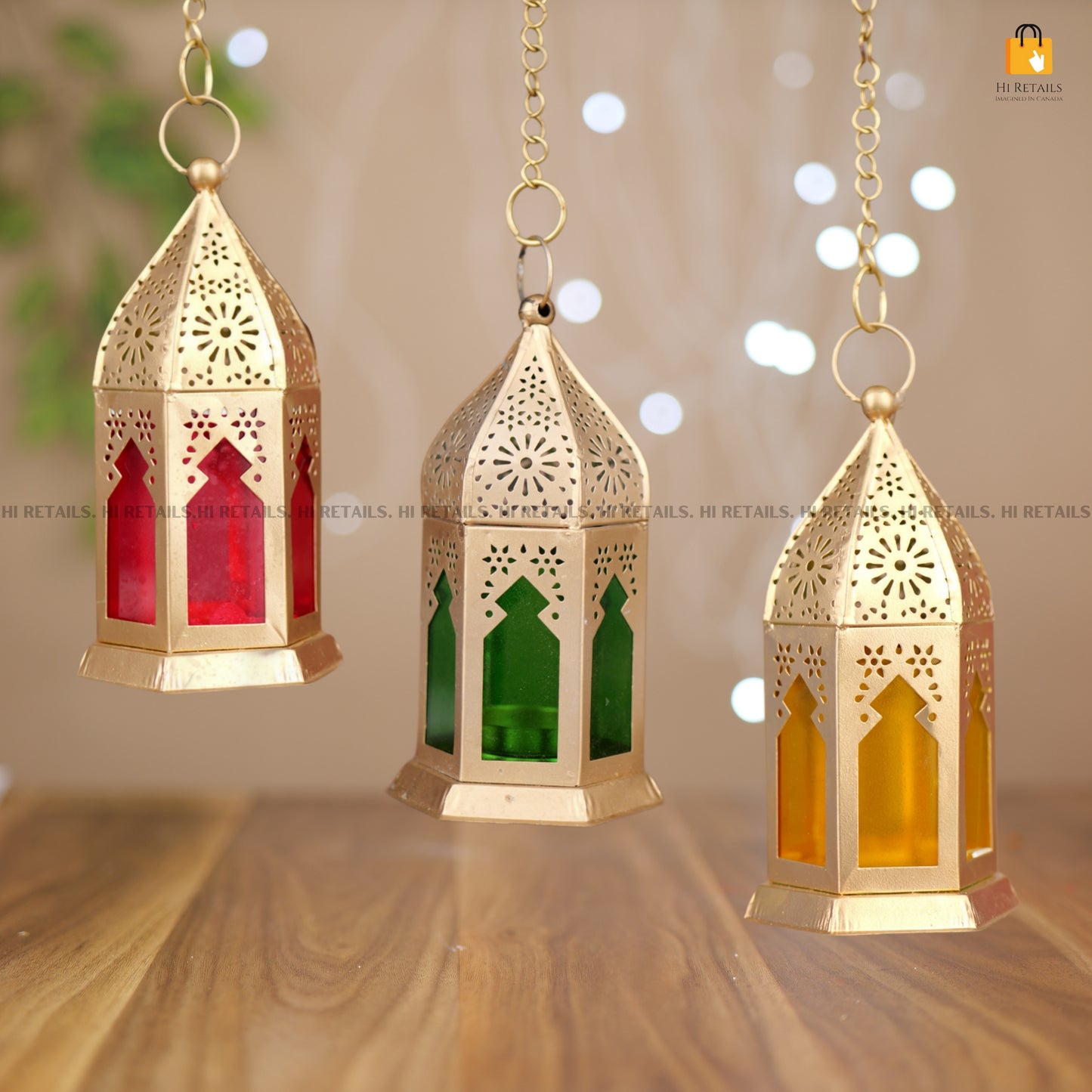 HOme decor Crafted Set of 3 Brass Lantern Lamps with Colorful Glass – A vibrant addition to your home decor at www.hiretails.com