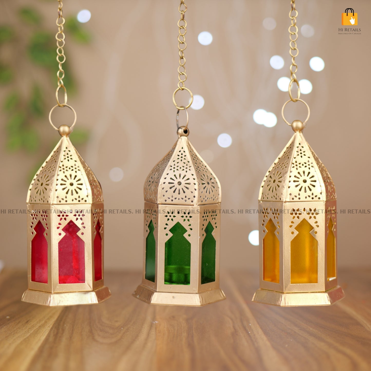 Set of 3 Colorful Brass Lantern Lamps for Indoor Decor – Enhance your living space with these traditional-style hanging lamps at www.hiretails.com