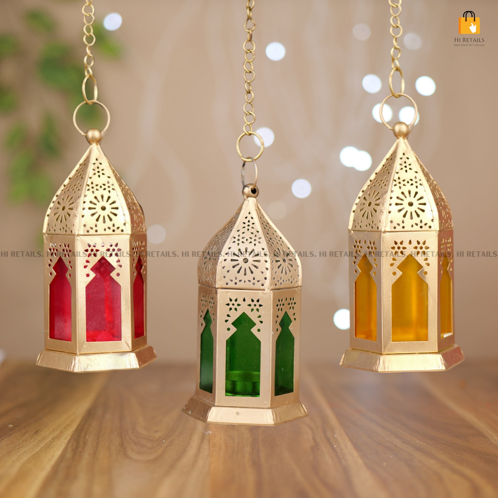 Beautifully Crafted Set of 3 Brass Lantern Lamps with Colorful Glass – A vibrant addition to your home decor at www.hiretails.com