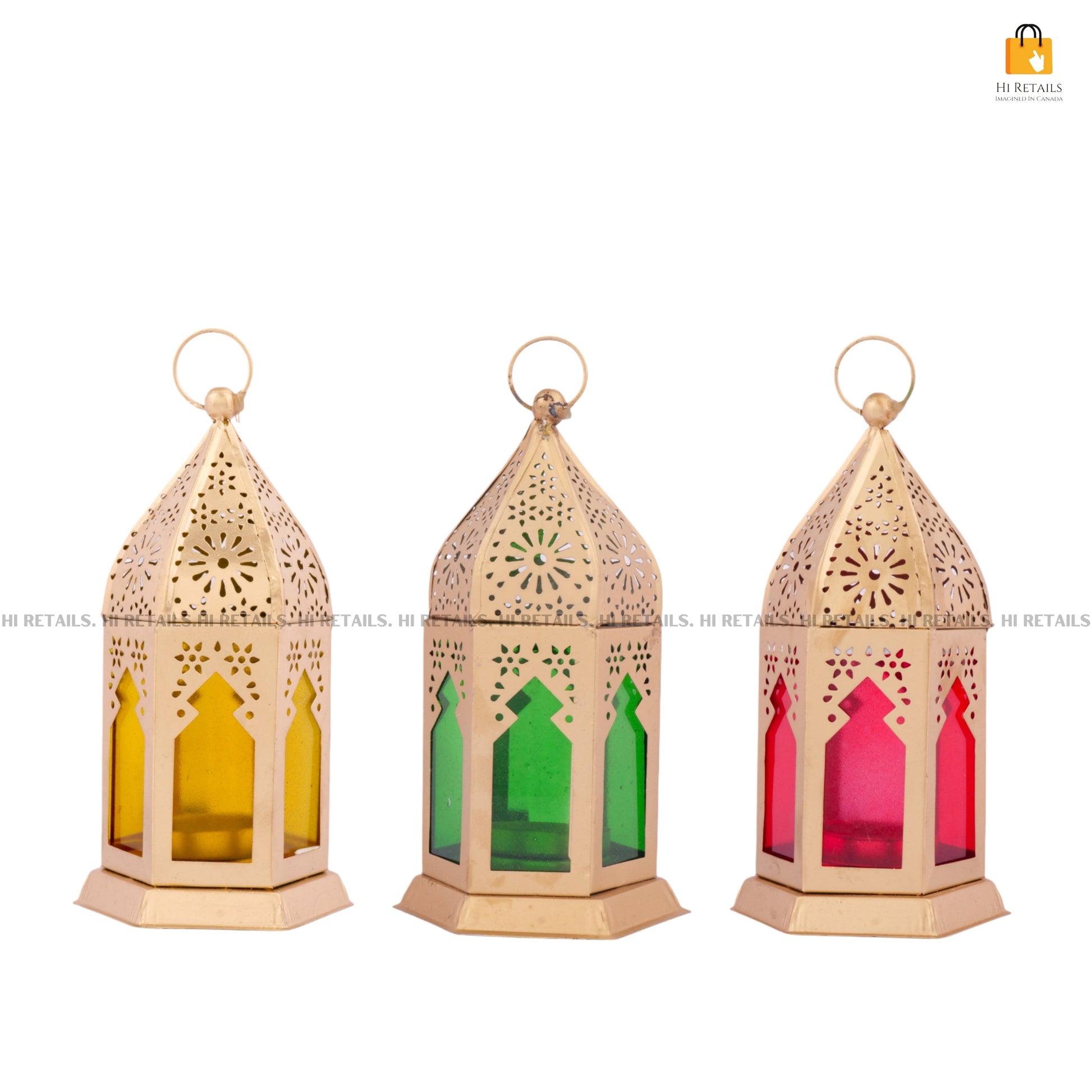 Traditional Brass Lantern Lamp Set of 3 with Colorful Glass Panels – Ideal for brightening up your space with a cultural touch at www.hiretails.com