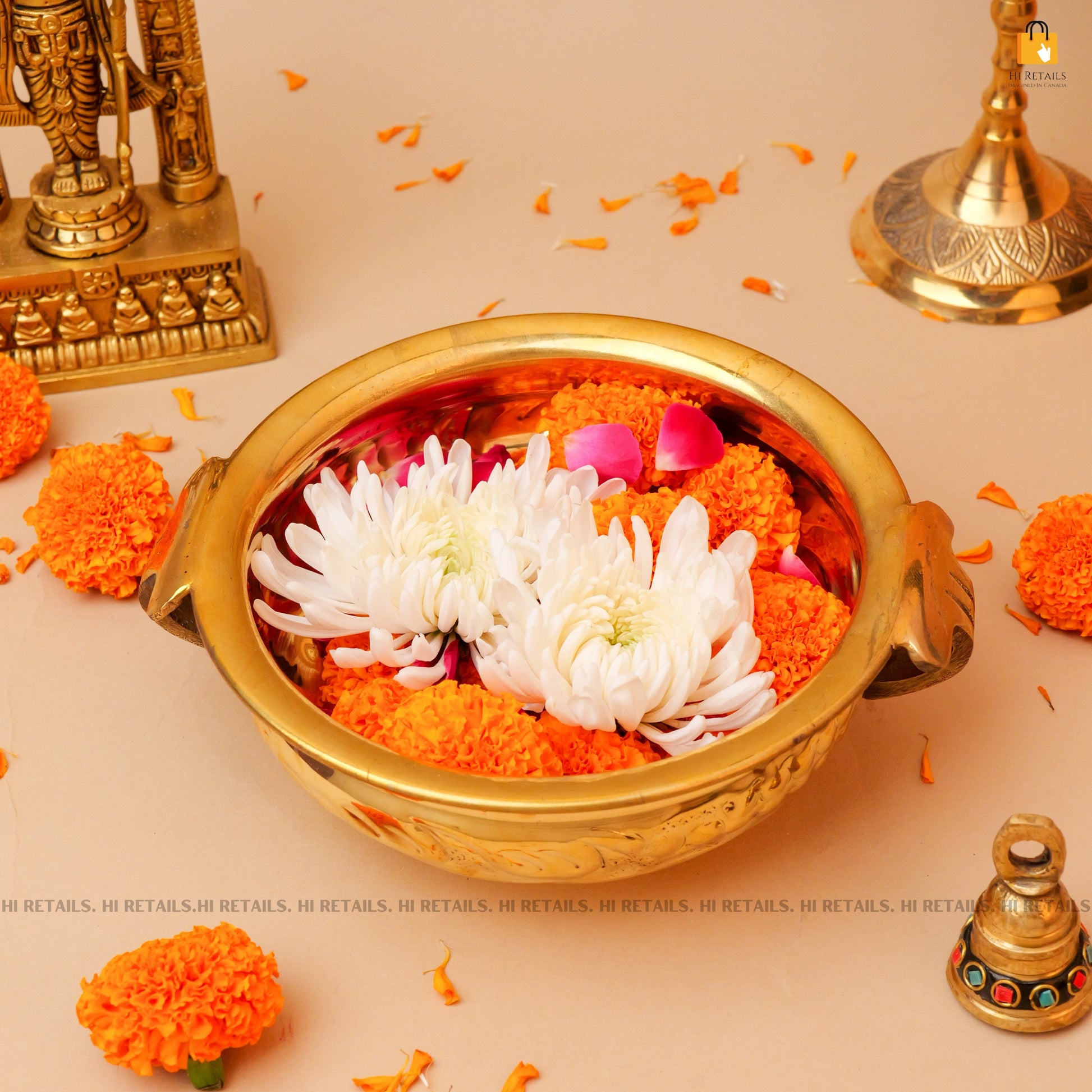 Handcrafted Brass Urli with Colorful Flowers for Spiritual and Decorative Use | 6-inch Brass Urli for Home Temple at www.hiretails.com
