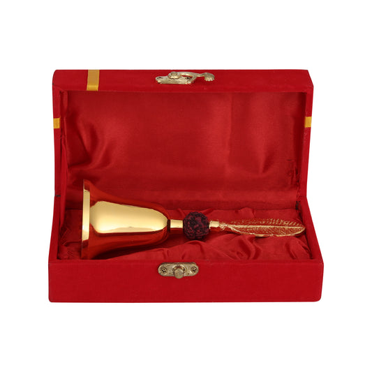 Golden Rudraksh Temple Bell with Pooja Mandir Ghanti in a red box for home decor, adding spiritual tranquility to your space at www.hiretails.com