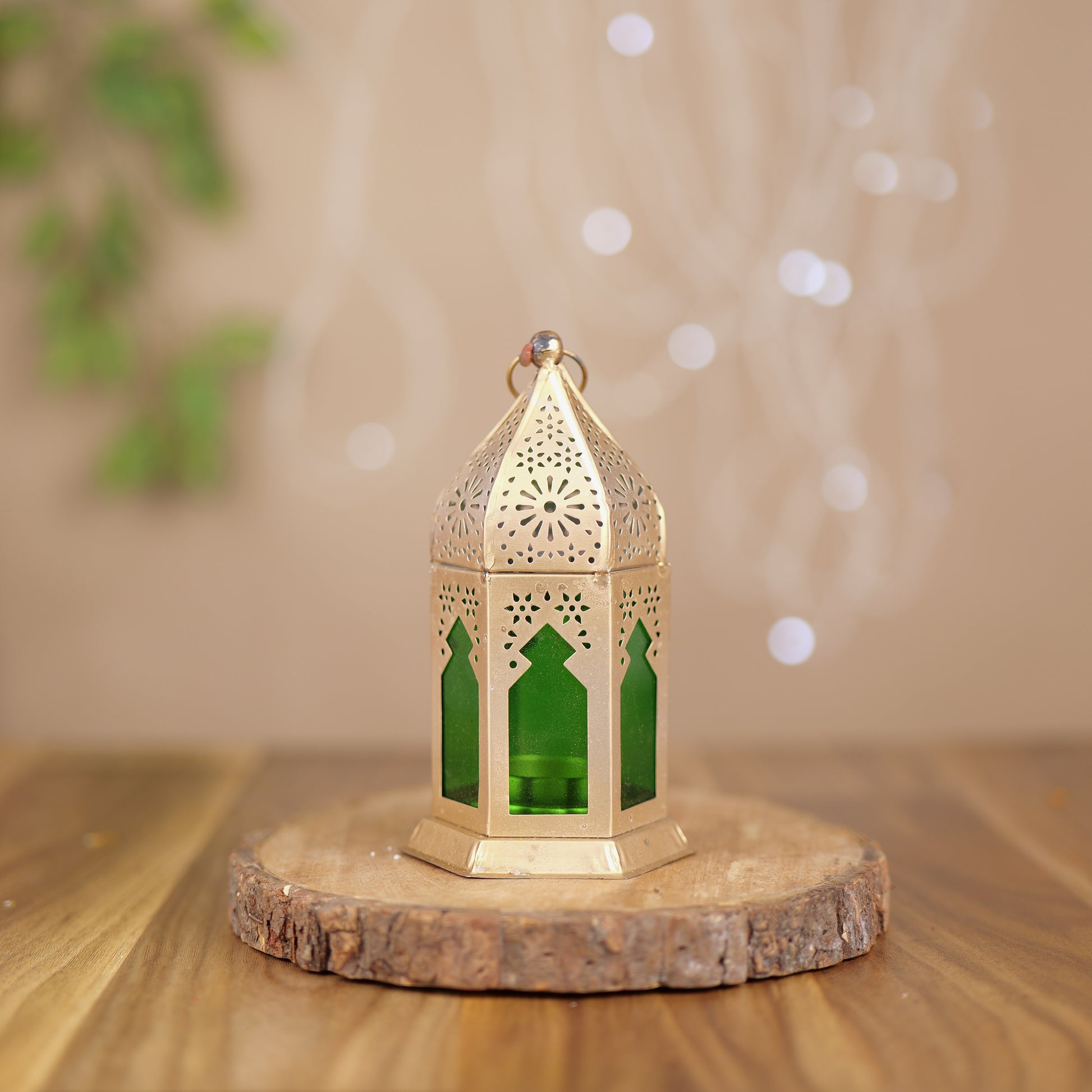 Elegant Green Brass Round Hanging Lantern with Intricate Design – 16cm – www.hiretails.com