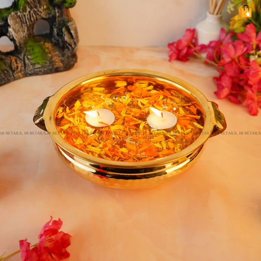 Brass Urli Bowl with Handles – Ideal for Home and Festival Decoration – 8 Inches – www.hiretails.com