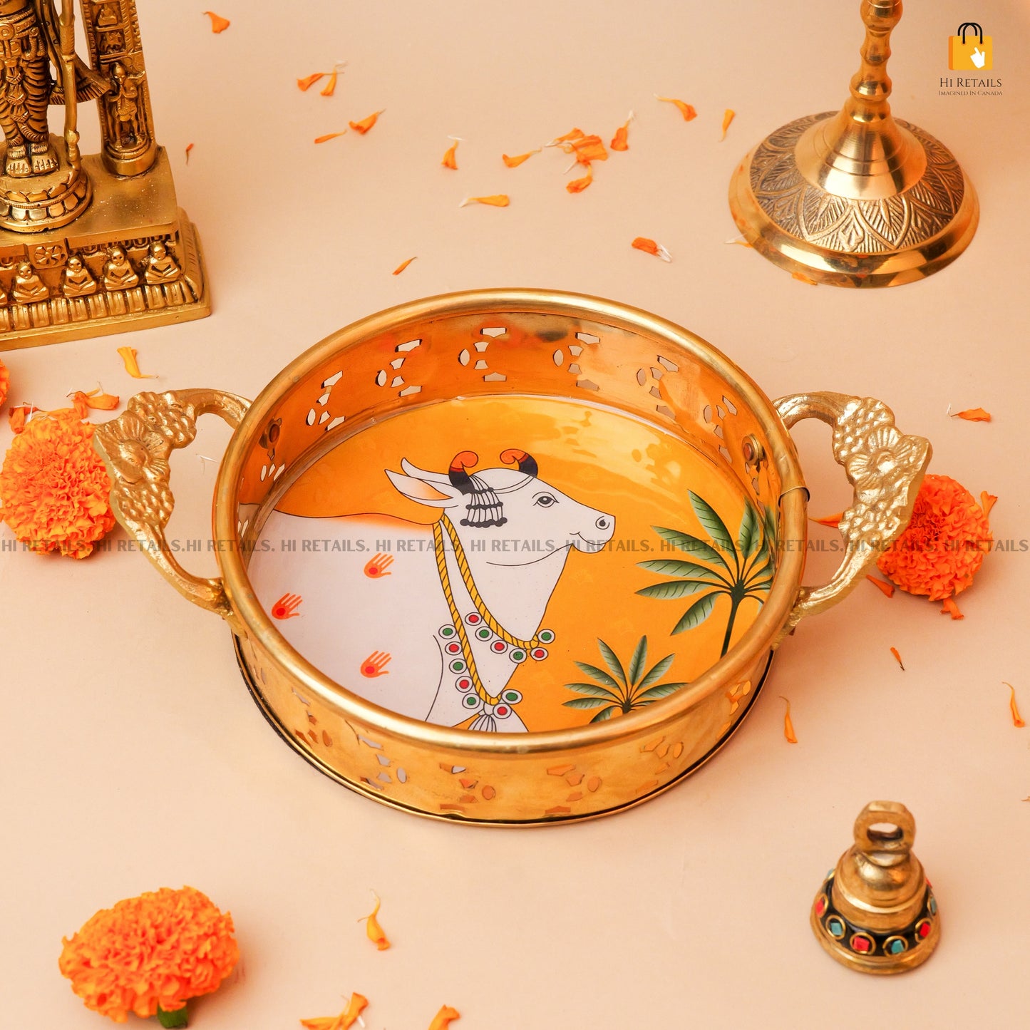 Elegant Handmade Pichwai Art Cow Design Tray – A Stunning Decorative Tray for Serving or Displaying at www.hiretails.com