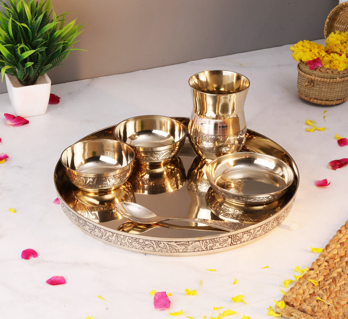Kansa Thali Set - 6 Pieces, perfect for pooja rituals and home decor, offering traditional elegance and durability. Available at www.hiretails.com.