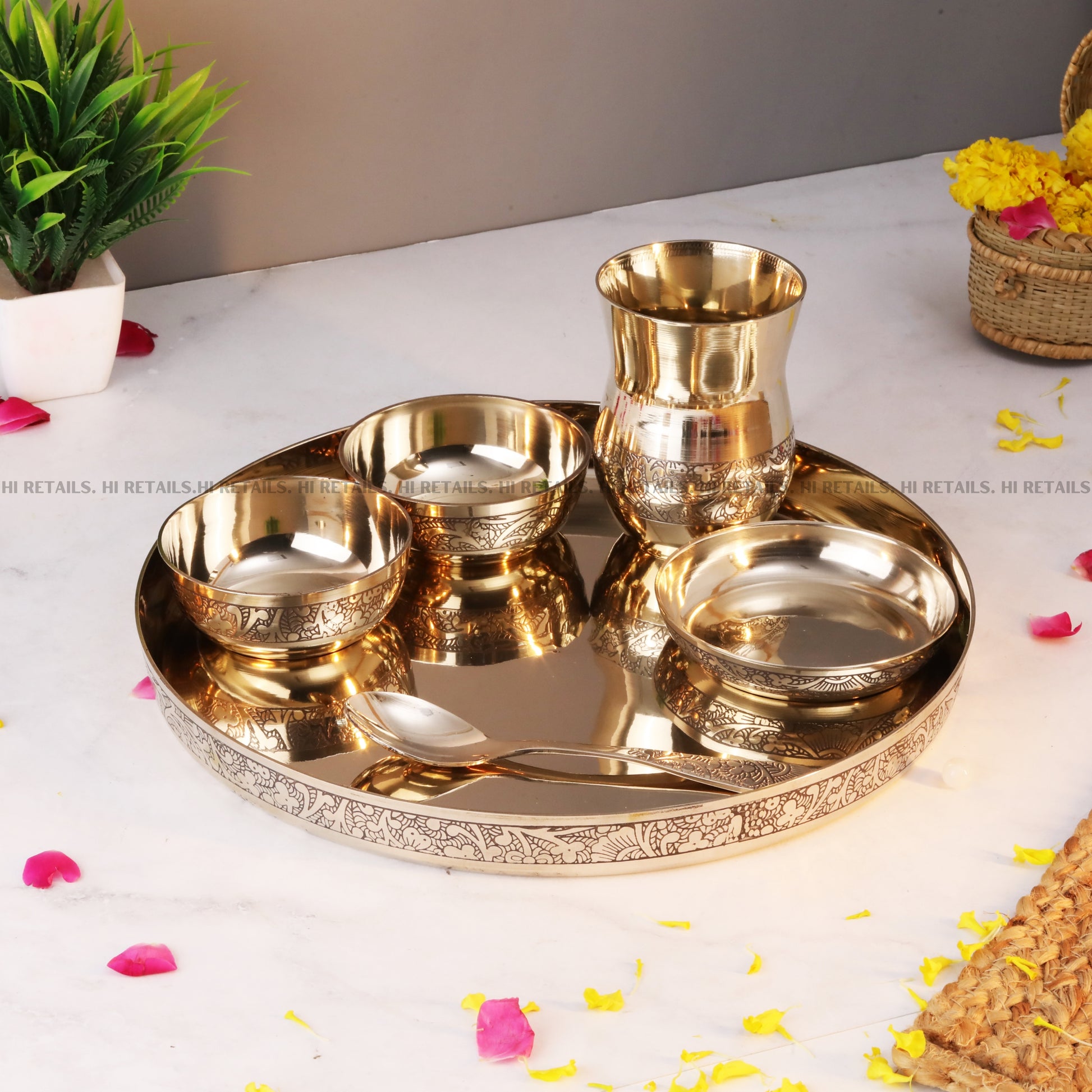 Handcrafted Kansa Thali Set - 6 Pieces, made from high-quality kansa, perfect for pooja and home decoration. Available at www.hiretails.com.