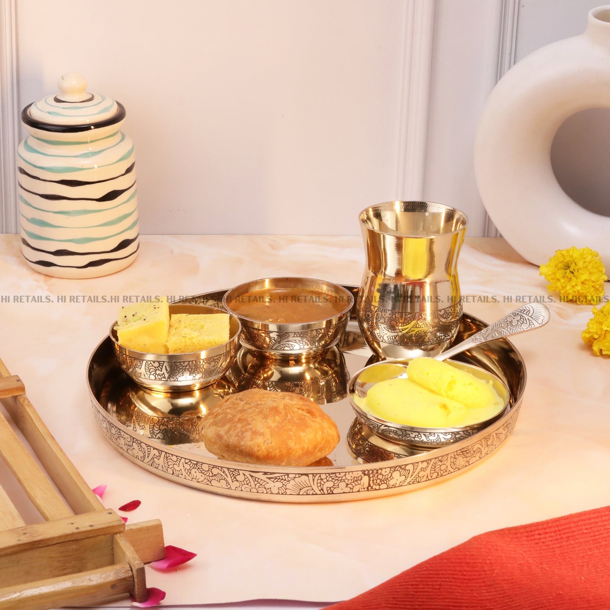 Premium Kansa Thali Set - 6 Pieces, designed for pooja ceremonies and festive occasions, ensuring spiritual elegance and lasting beauty. Available at www.hiretails.com.