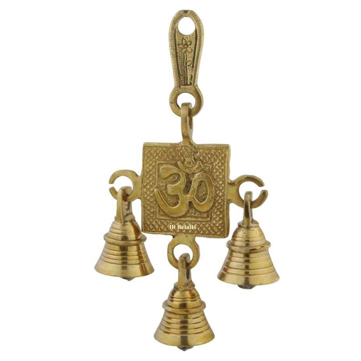 Brass Om hanging bells for spiritual decoration, perfect for temples or doorways, available at www.hiretails.com