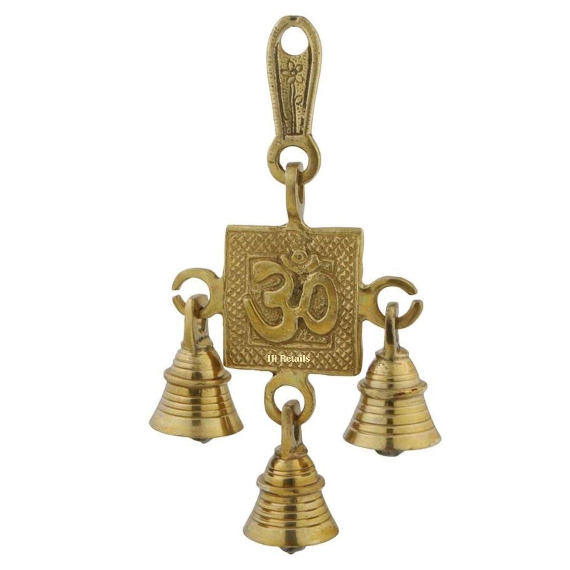 Brass Om hanging bells for spiritual decoration, perfect for temples or doorways, available at www.hiretails.com