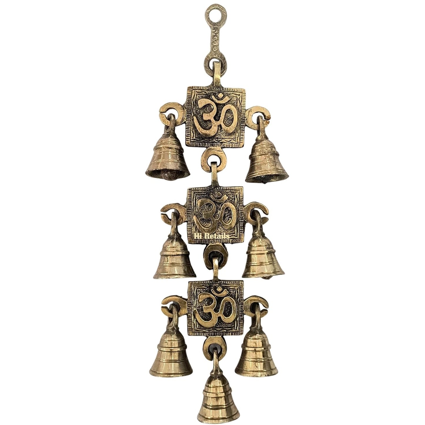 Om brass hanging bells with five bells for temple door decor, creating a peaceful ambiance at www.hiretails.com