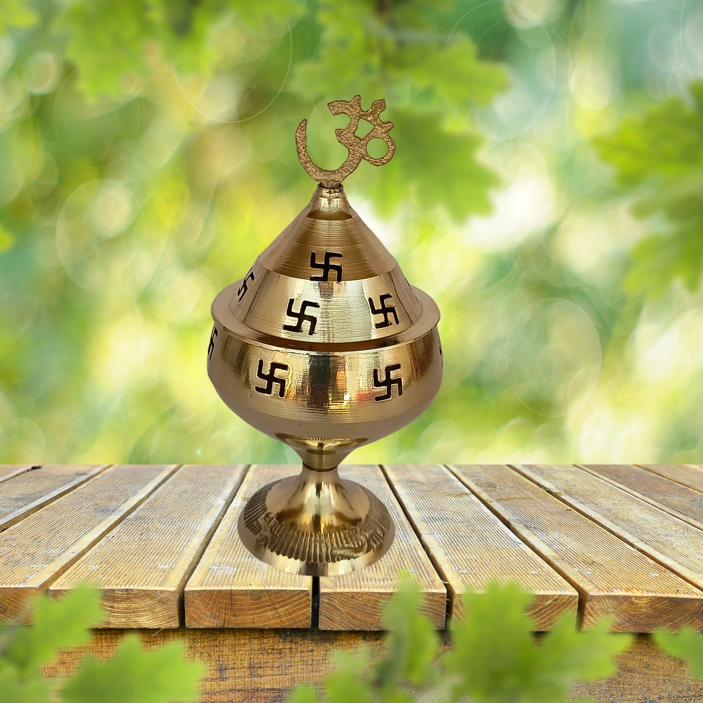 Brass Om Swastik Akhand Diya for pooja with intricate design, ideal for spiritual spaces at www.hiretails.com
