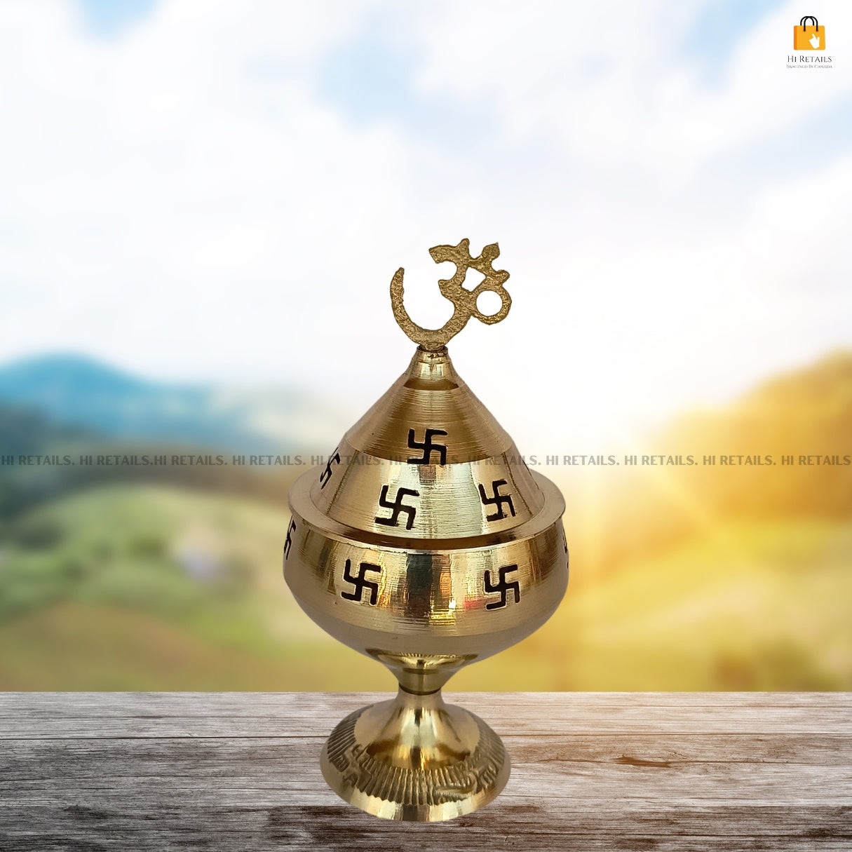 Om Swastik Design Akhand Diya in brass, perfect for home pooja ceremonies and decorations at www.hiretails.com