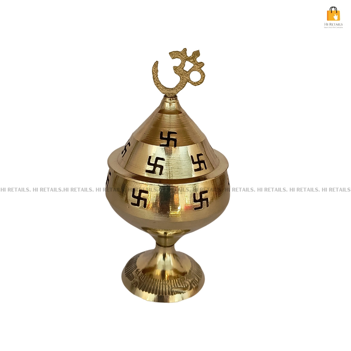 Elegant brass Akhand Diya with Om Swastik design, a timeless piece for pooja decoration at www.hiretails.com