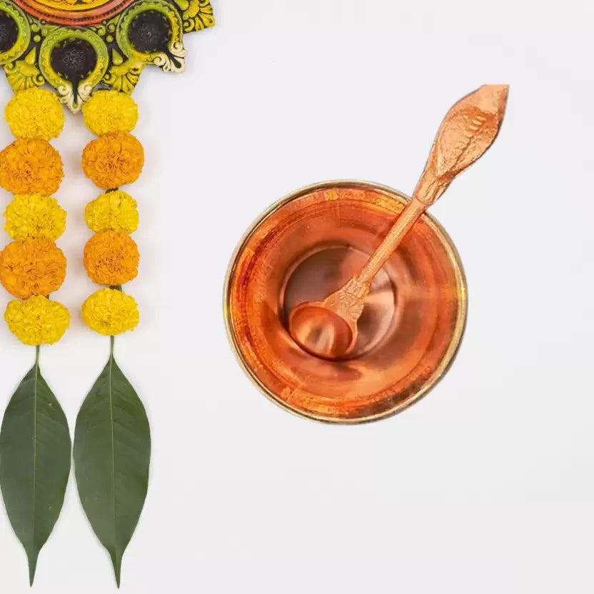 Durable Pure Copper Tamba Pooja Panch Patra with Achmani and Spoon, essential for rituals and puja ceremonies, offering a traditional touch to your spiritual practice. Available at www.hiretails.com.