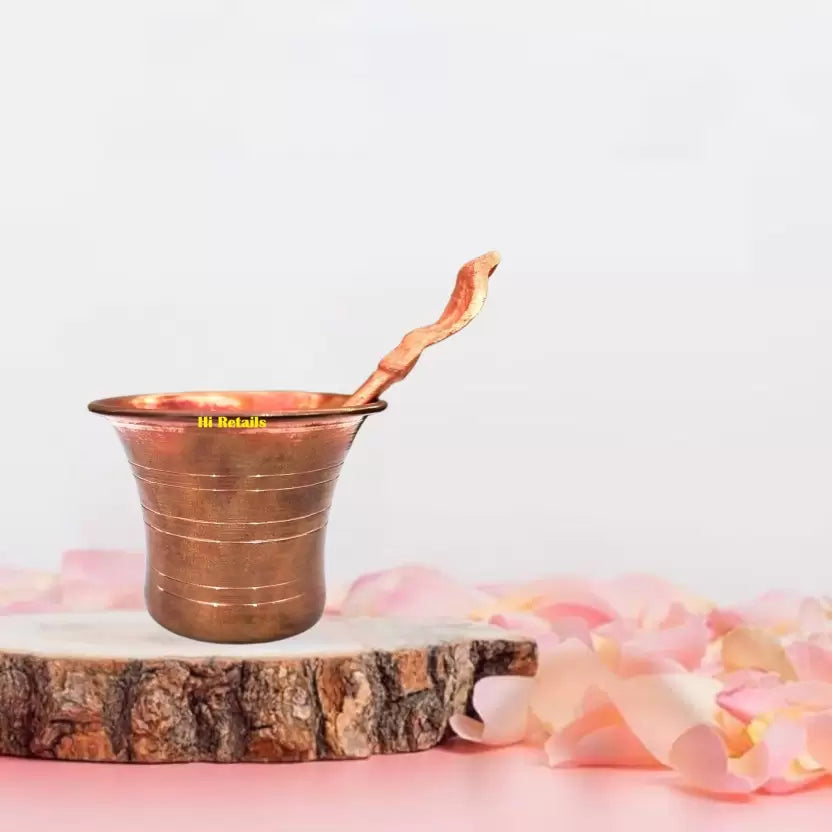 Elegant Pure Copper Tamba Pooja Panch Patra with Achmani and Spoon, designed for religious rituals and pooja ceremonies. Available at www.hiretails.com.
