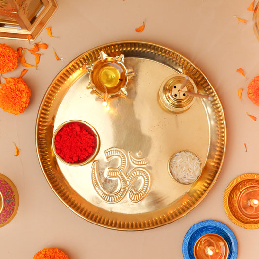 Elegant Brass Incense Holder & Kumkum Box set, perfect for pooja and home decor, enhancing spiritual practices. Available at www.hiretails.com.