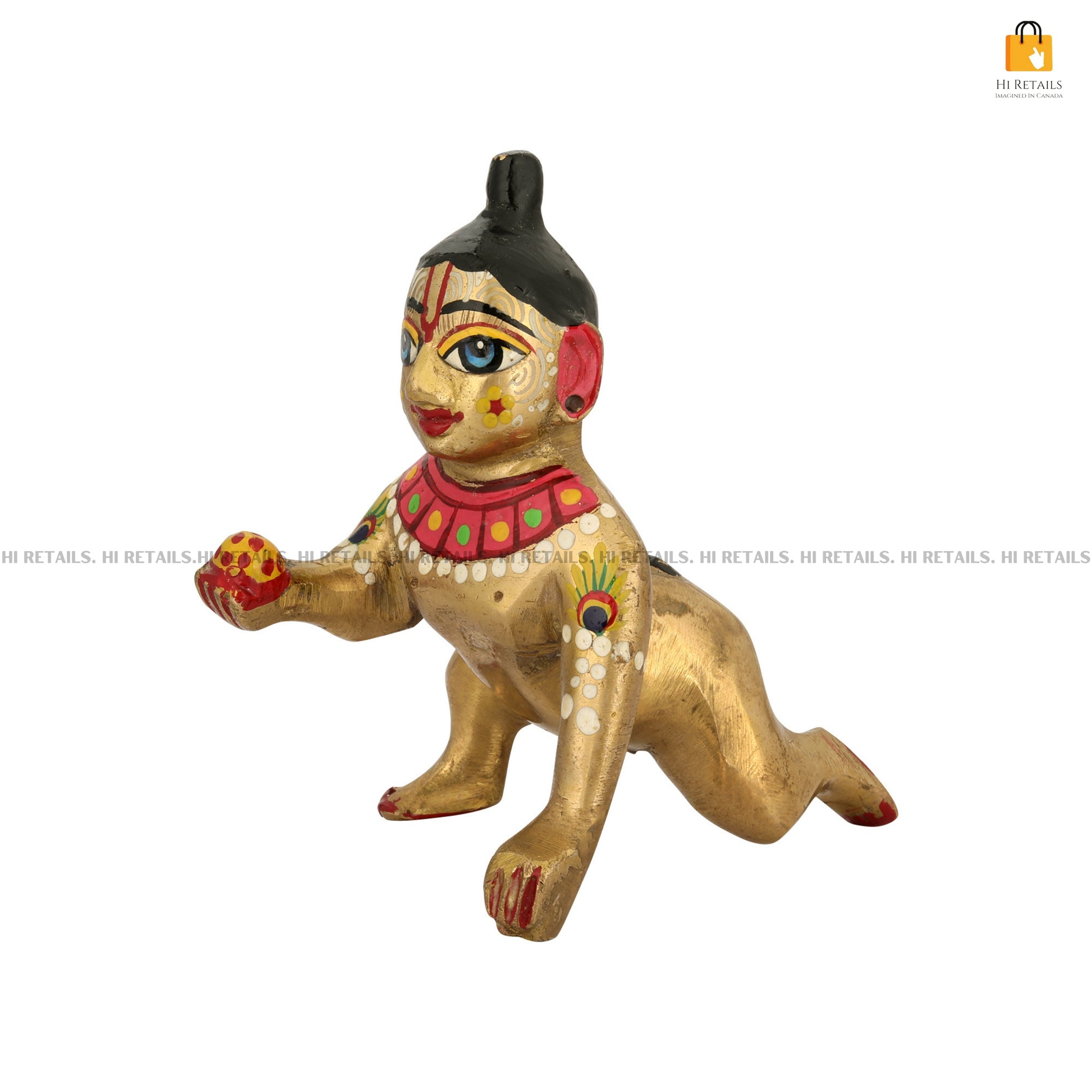 Traditional Brass Laddu Gopal Statue with Decorative Colors for Religious Worship | Perfect for Krishna Pooja at www.hiretails.com