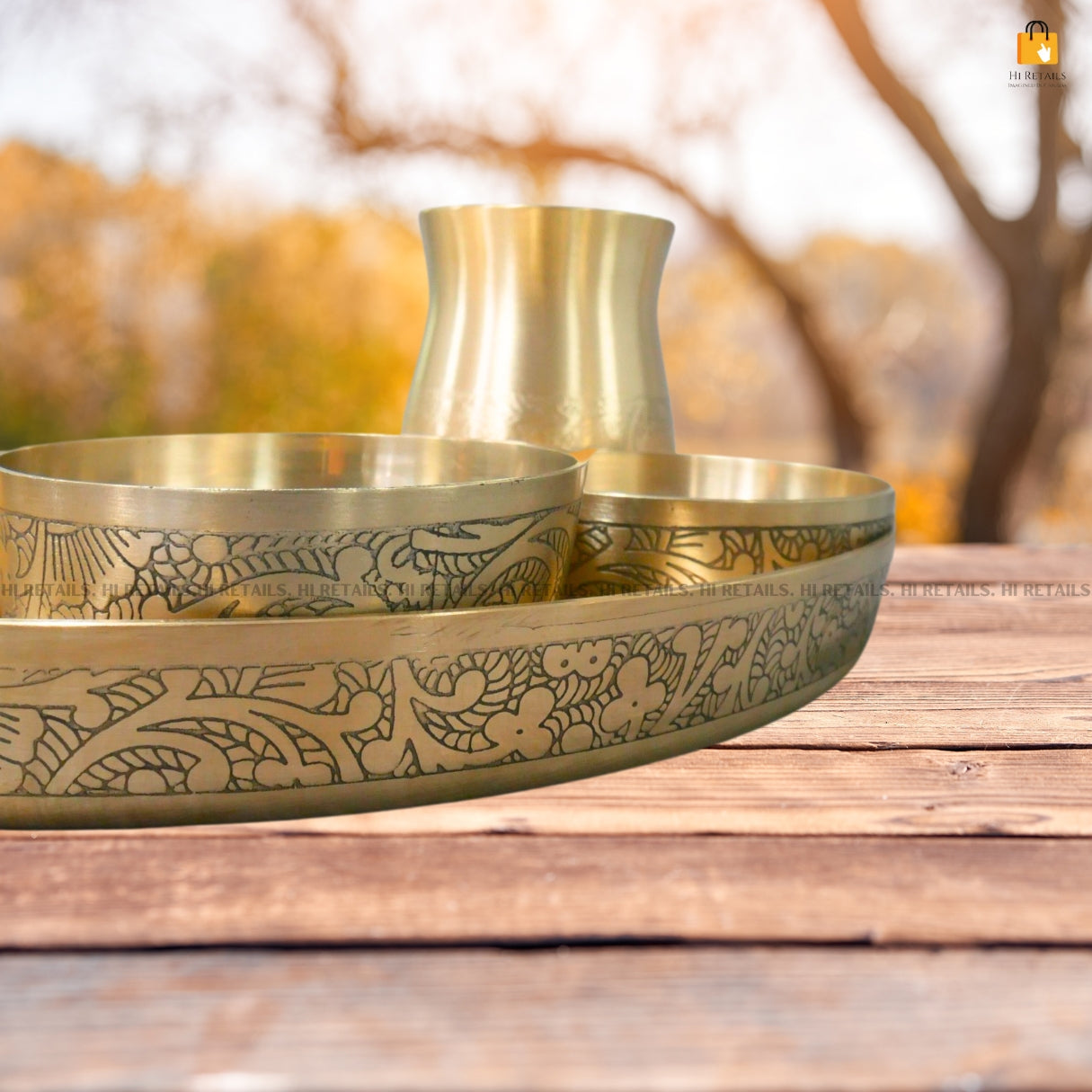 Stylish Kansa Thali Set in matte finish with bowls and spoon, ideal for festive occasions and home mandir at www.hiretails.com