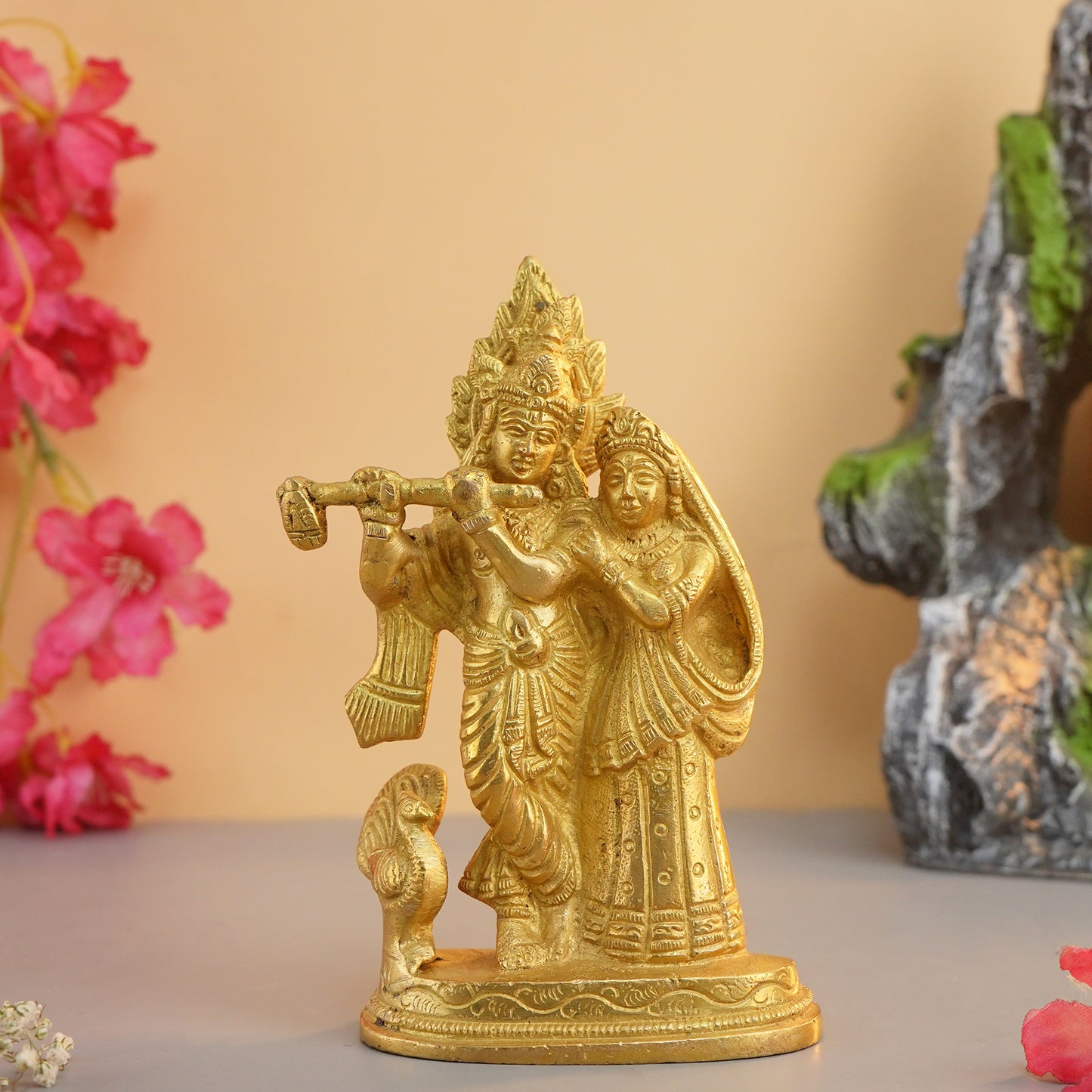Brass Lord Krishna decorative showpiece with intricate details, perfect for home decor and spiritual settings. Available at www.hiretails.com.