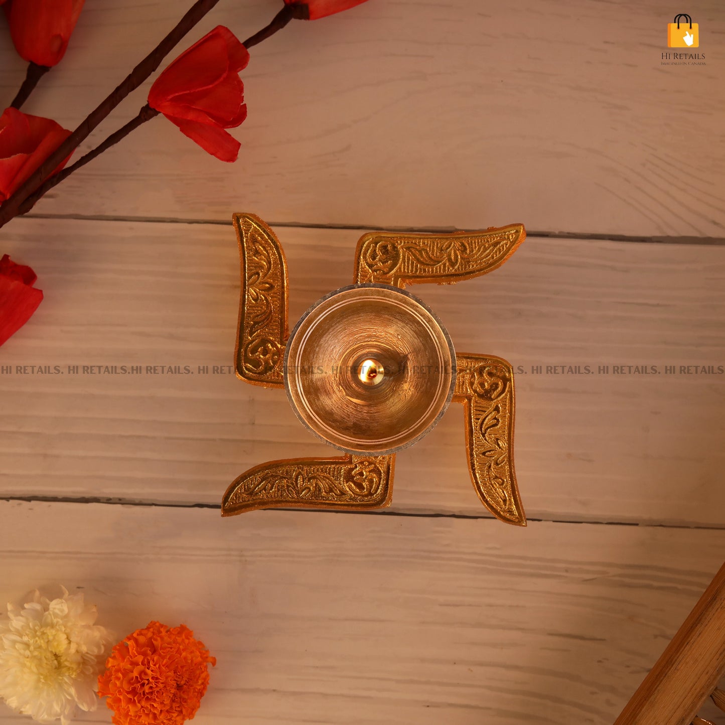 Exquisite brass oil lamp set with a box, designed for pooja and home décor, enhancing the elegance of any room. Available at www.hiretails.com.
