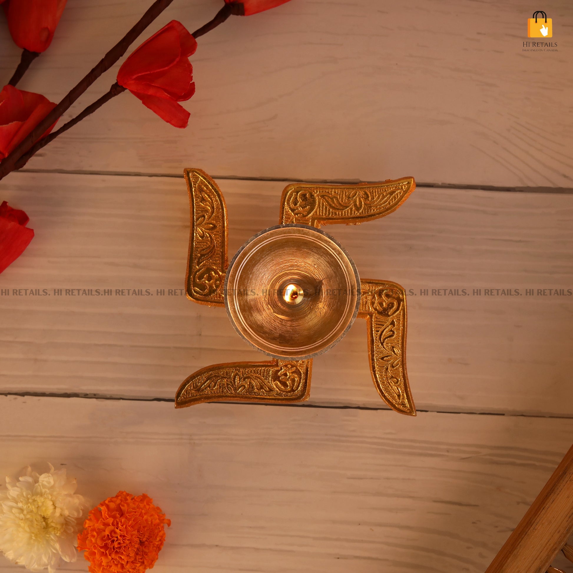 Exquisite brass oil lamp set with a box, designed for pooja and home décor, enhancing the elegance of any room. Available at www.hiretails.com.