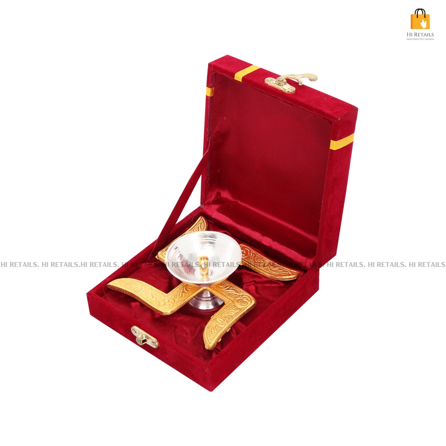 Elegant brass oil lamp with a box, designed for pooja and home decor, adding a spiritual touch to your space. Available at www.hiretails.com.