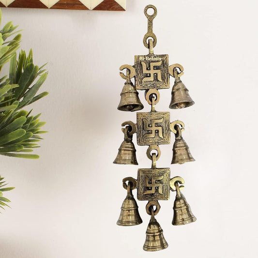 Swastik wall hanging brass bells, decorative home door decor, traditional spiritual item at www.hiretails.com