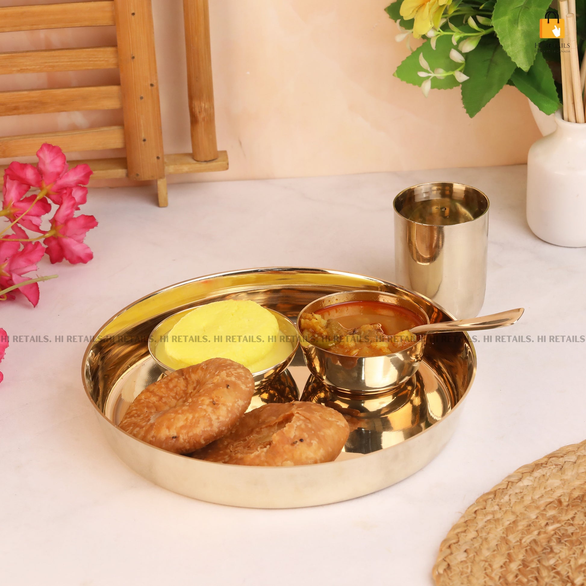 Sophisticated 5-piece kansa thali dinnerware set, ideal for home decor and dining at www.hiretails.com