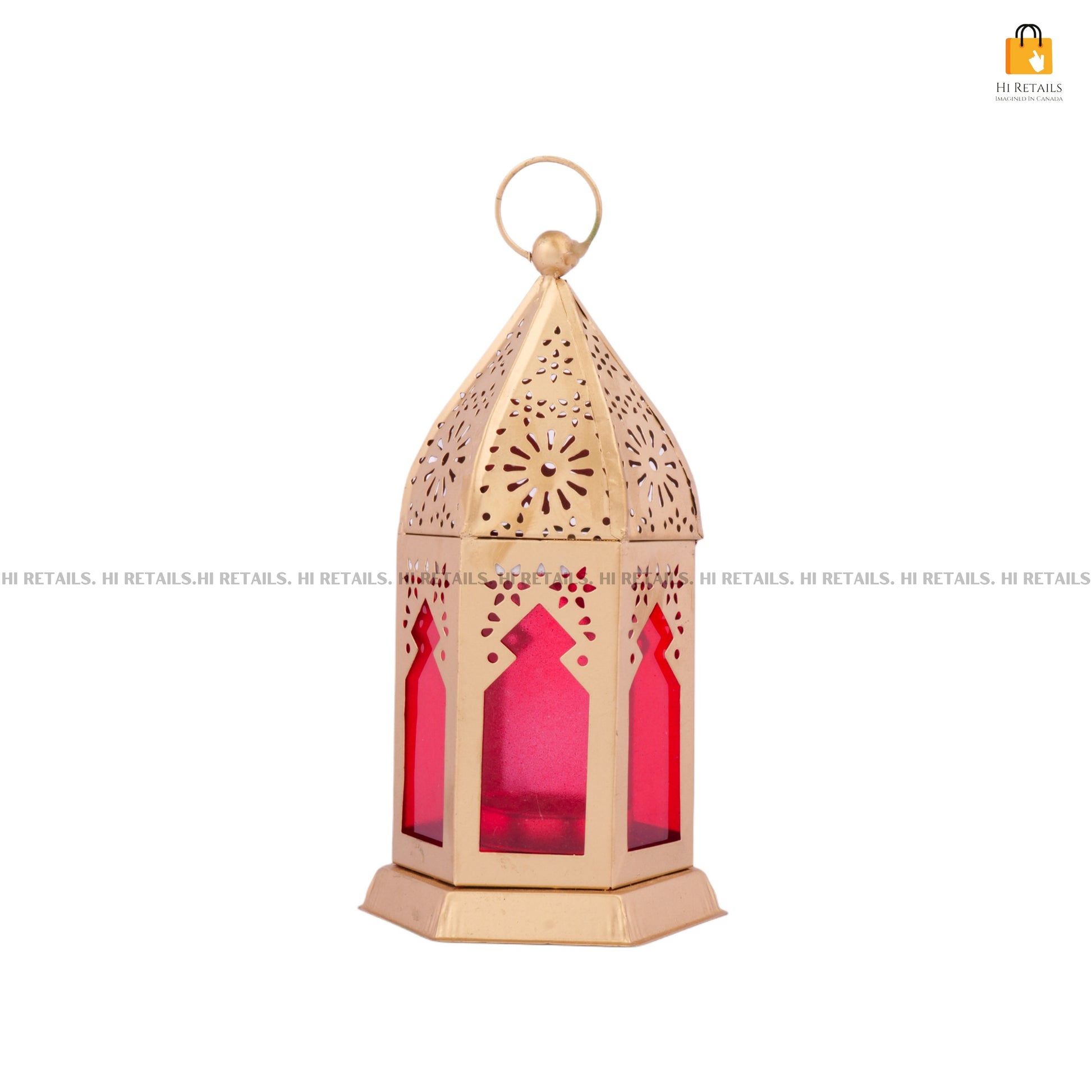 Vintage-inspired brass hanging lamp with red accents, featuring delicate metalwork and a soft light, ideal for enhancing your home décor. Available at www.hiretails.com.