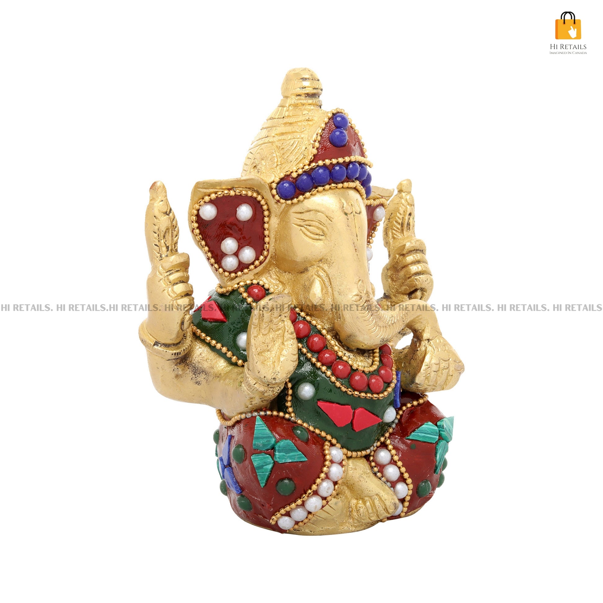 Premium Brass Ganesha Statue with Colorful Stone Work for Home Temples and Celebrations | Handcrafted Ganesh Idol at www.hiretails.com